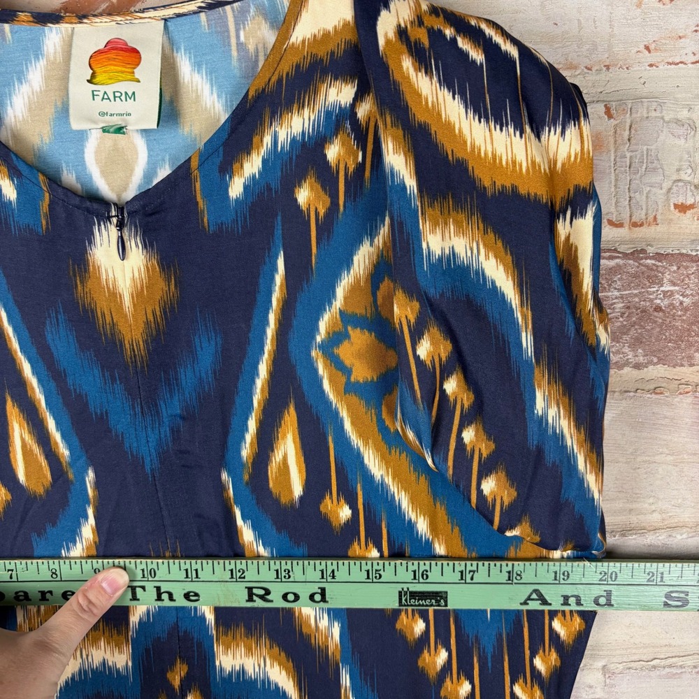 Farm Rio Blue Gold Pineapple Ikat Long Sleeve Maxi Dress L Boho Tribal Statement - Picture 8 of 11